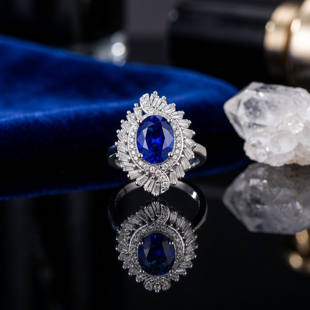 Silver-Tone Oval Sapphire Blue CZ Ballerina Baguette Sunburst & Pavé Double Halo Bridal Statement Ring on black mirror surface with white crystal quartz cluster and royal blue velvet backdrop