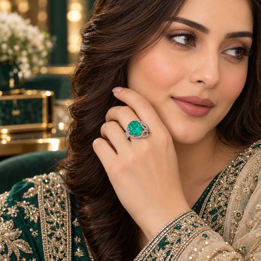 Silver Paraiba Teal Oval CZ Lotus Petal Open Cage Statement Cocktail Ring 4-scene composite showing dark mirror tray flat lay top left hand worn on emerald green lace top top right marble surface with gypsophila flowers bottom left and dark emerald velvet bottom right all featuring large oval vivid neon teal Paraiba CZ in open lotus petal micro-pave cage band