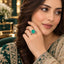 Silver Paraiba Teal Oval CZ Lotus Petal Open Cage Statement Cocktail Ring 4-scene composite showing dark mirror tray flat lay top left hand worn on emerald green lace top top right marble surface with gypsophila flowers bottom left and dark emerald velvet bottom right all featuring large oval vivid neon teal Paraiba CZ in open lotus petal micro-pave cage band