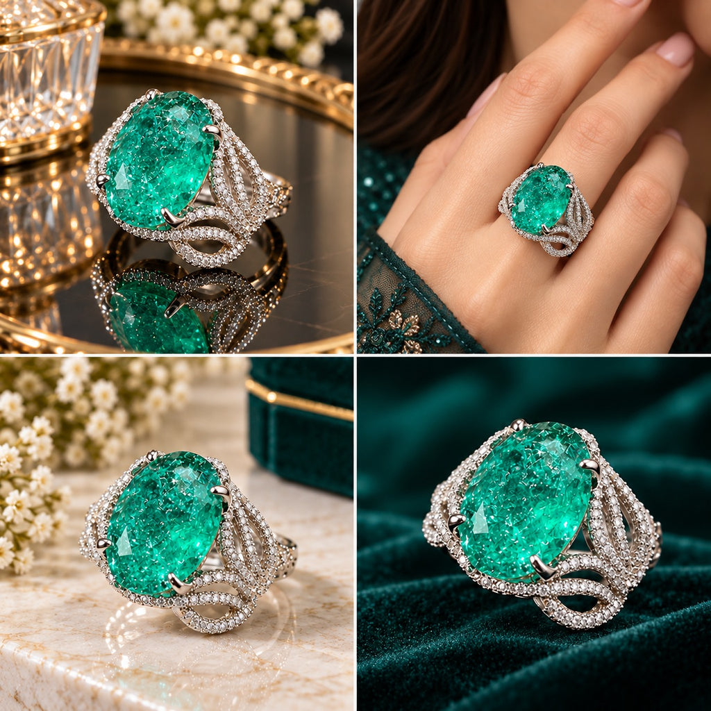 Silver Paraiba Teal Oval CZ Lotus Petal Open Cage Statement Cocktail Ring worn on finger of Pakistani female model in dark emerald green heavily embroidered formal suit in luxury gold candle and floral boutique backdrop showing large oval vivid neon teal CZ solitaire cradled by wide open lotus petal cage band with full micro-pave white CZ in rhodium silver