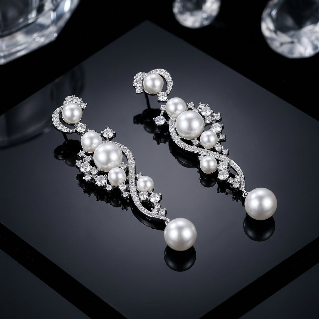 Silver-Tone Pearl & CZ Cascading Wave Long Drop Earrings product shot on dark reflective surface with crystals
