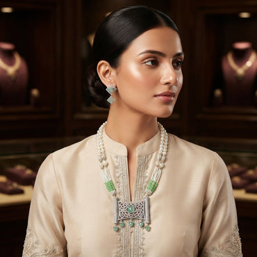 Silver Pearl CZ Mughal Scroll Jali Choker and Jhumka Earrings Set in Silver White on dark black mirror surface with marble backdrop showing multi-strand white pearl choker with wide rectangular Mughal arabesque jali CZ pave pendant with clear cabochon centre and 3 hanging jhumka drops with matching diamond-shape CZ jhumka earrings and mirror reflection below
