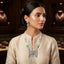 Silver Pearl CZ Mughal Scroll Jali Choker and Jhumka Earrings Set in Silver White on dark black mirror surface with marble backdrop showing multi-strand white pearl choker with wide rectangular Mughal arabesque jali CZ pave pendant with clear cabochon centre and 3 hanging jhumka drops with matching diamond-shape CZ jhumka earrings and mirror reflection below