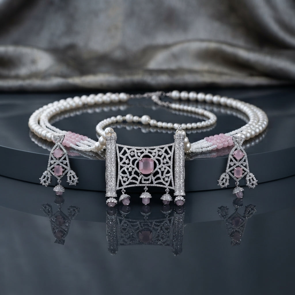 Silver Pearl CZ Mughal Scroll Jali Choker and Jhumka Earrings Set additional flat lay variant shot on dark surface showing multi-strand pearl choker with Mughal scroll jali pendant and jhumka drops