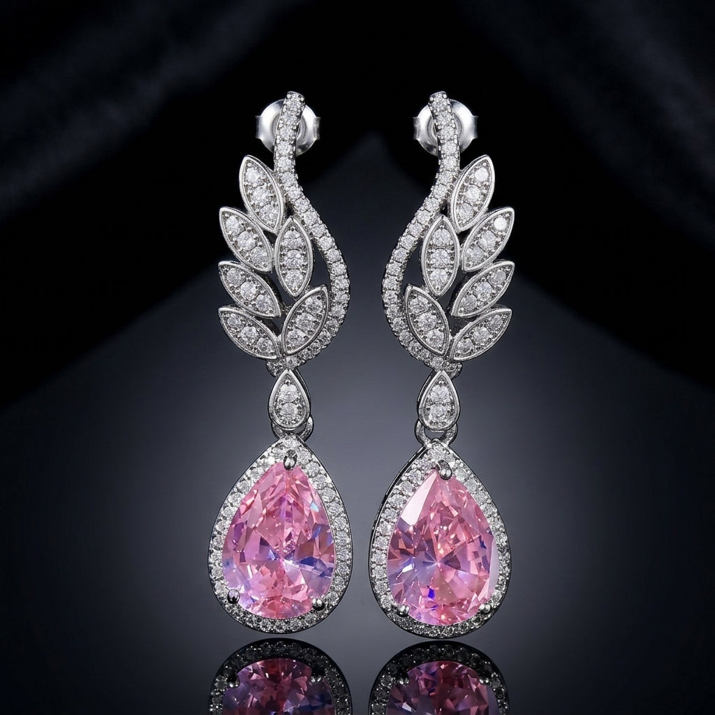 Silver-Tone Pink CZ Teardrop Halo Wheat Leaf Long Drop Earrings product shot on dark background