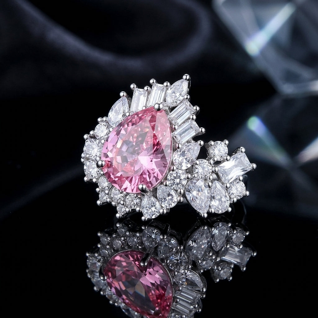 Silver-Tone Pink Pear CZ Multi-Cut Cluster Halo Cocktail Ring close-up on dark reflective surface