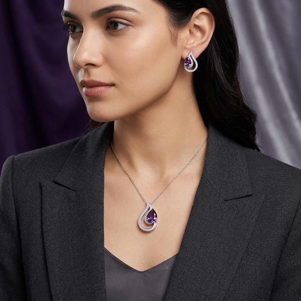 Silver-Tone Purple CZ Teardrop Swirl Pendant Necklace and Earrings Set worn by model