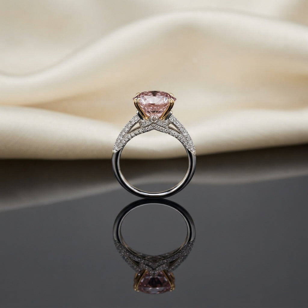 Silver Rose Gold Oval Morganite CZ Solitaire Bridal Ring side profile view on dark grey mirror surface with ivory cream silk backdrop showing large oval peach-pink morganite CZ solitaire in 4-claw rose gold prong setting on two-tone split shank band with triple-row micro-pave white CZ shoulders and V-shaped chevron accent with mirror reflection below