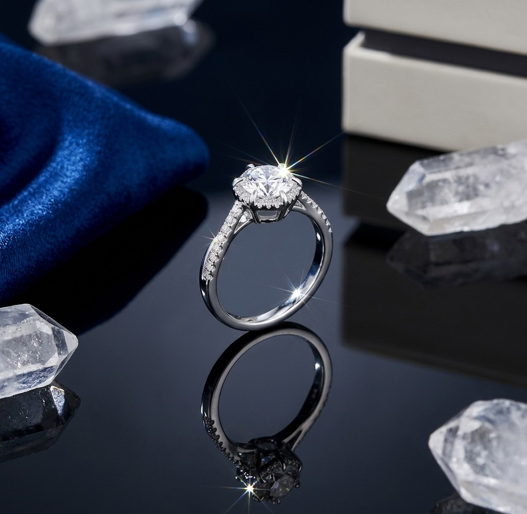 Silver-Tone Round CZ Floral Halo & Pavé Chevron Band Solitaire Engagement Ring side profile on black reflective surface with navy blue velvet fabric and white quartz crystal clusters backdrop