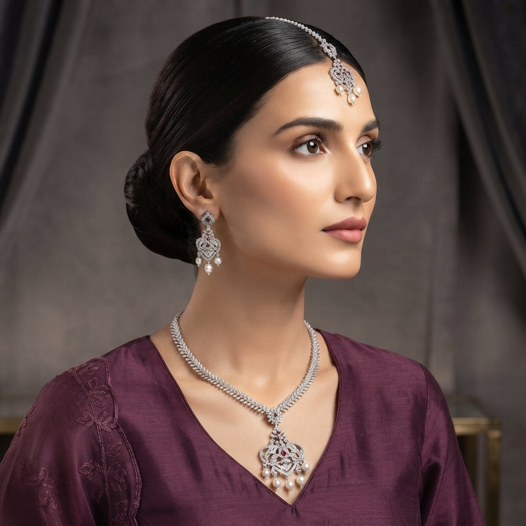 Silver Ruby CZ & Pearl Crown Pendant Necklace Maang Tikka & Drop Earrings Bridal Set