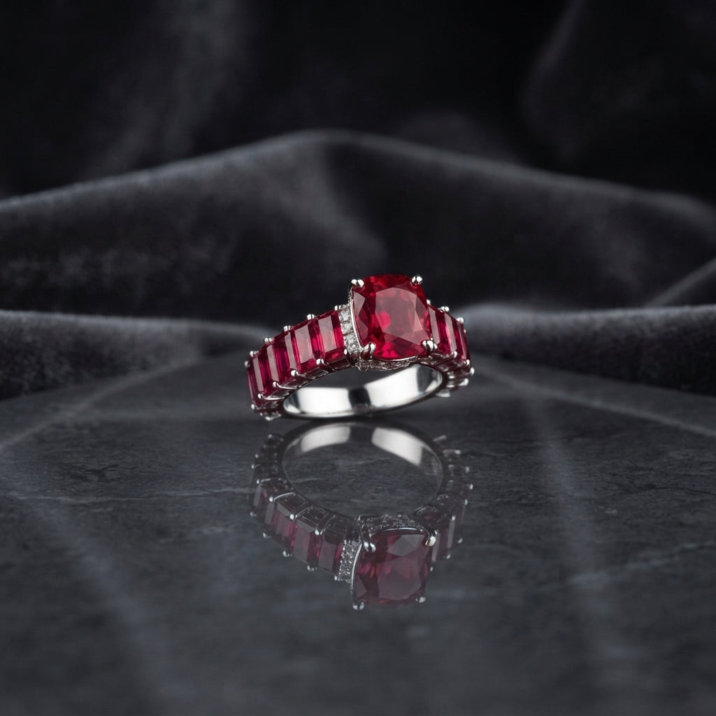 Silver CZ Statement Cocktail Ring in Ruby Red — large cushion-cut deep ruby red CZ center with graduated ruby red baguette step shoulders on dark marble backdrop