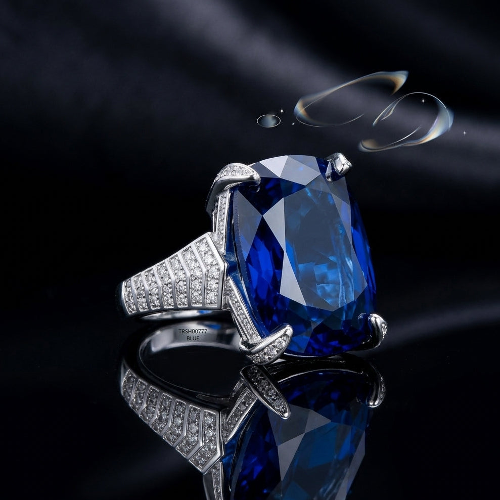 Silver-Tone Sapphire Blue CZ Cushion Cut Statement Ring with geometric pavé shoulders