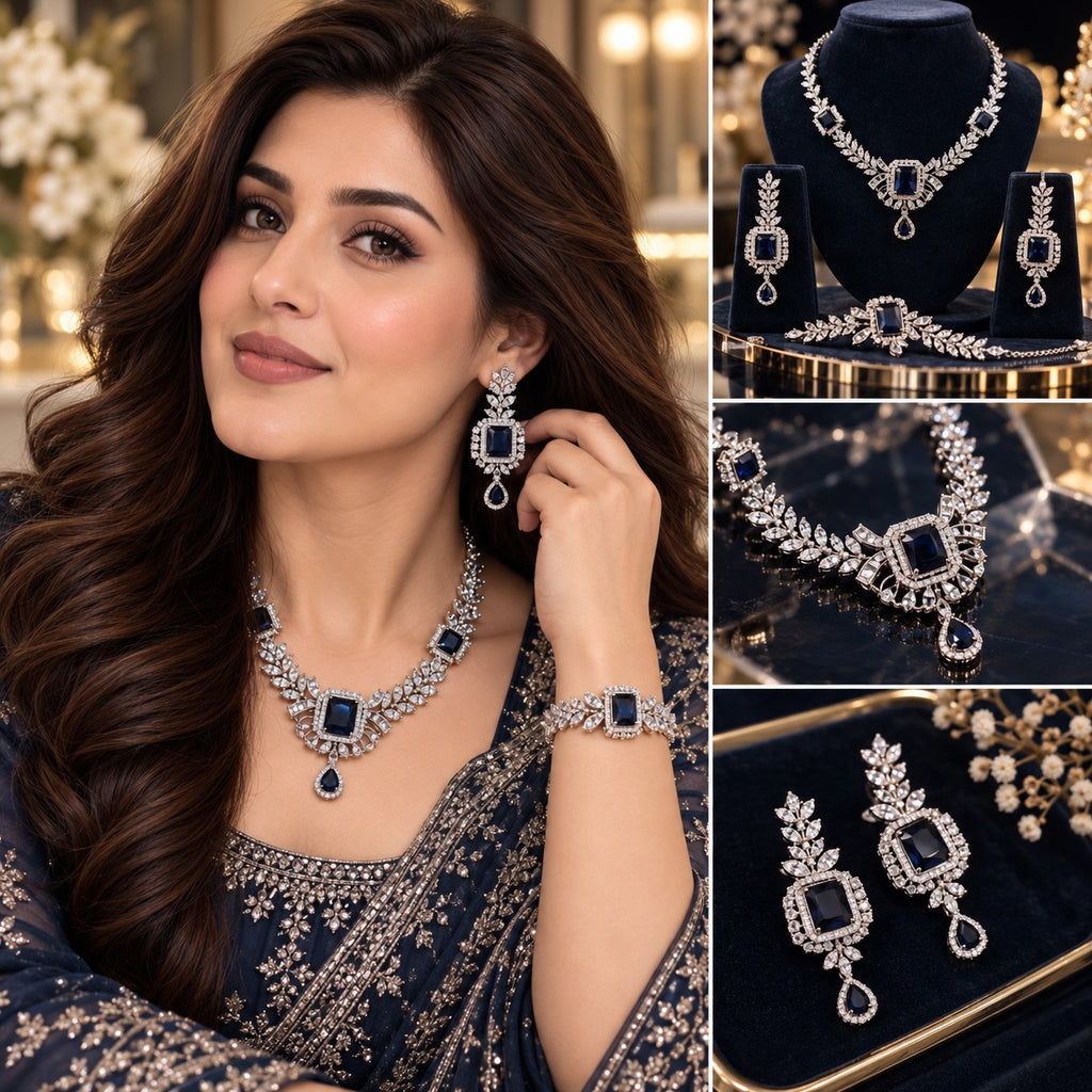 Silver Sapphire Blue CZ Marquise Leaf and Square Halo Necklace Earrings and Bracelet Set collage showing lifestyle model wearing full set with navy blue embroidered formal outfit plus product flat lay on navy velvet display stands and close-up detail shots of necklace centre and earrings