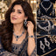Silver Sapphire Blue CZ Marquise Leaf and Square Halo Necklace Earrings and Bracelet Set collage showing lifestyle model wearing full set with navy blue embroidered formal outfit plus product flat lay on navy velvet display stands and close-up detail shots of necklace centre and earrings