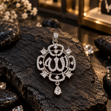 Silver-tone Allah calligraphy locket with a circular centre, four rounded openwork sections, square clear accents and a hanging clear teardrop-shaped drop.