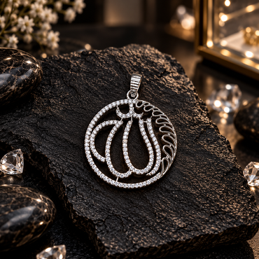 Silver-tone round Allah calligraphy pendant with clear accents, an openwork centre, curved loop details along one side and a ridged top bail.