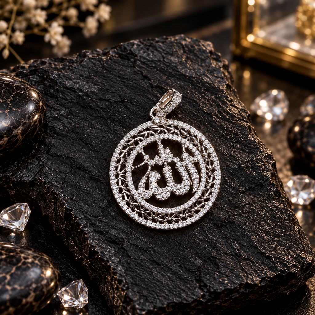 Silver-tone round Allah calligraphy pendant with clear inner and outer circular borders, a geometric openwork band and a clear-accent top bail.