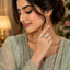 Silver-Tone Asscher-Cut CZ Halo Pavé Band Bridal Engagement Ring worn by model in Pakistani formal attire