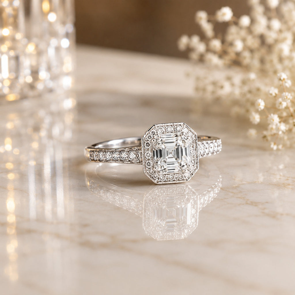 Silver-Tone Asscher-Cut CZ Halo Pavé Band Bridal Engagement Ring product shot on marble surface with floral backdrop