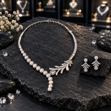 Silver-tone AD necklace with asymmetric rounded clusters, curved branch details and a descending front, beside matching branch-and-teardrop earrings.
