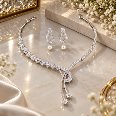 Silver-tone asymmetric necklace with floral clusters and two hanging ends, alongside teardrop-shaped earrings with round white pearl-like drops.