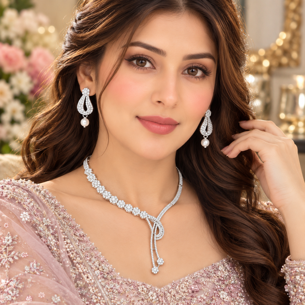 Model wearing a silver-tone asymmetric necklace with floral clusters and a loop centerpiece, paired with earrings featuring white pearl-like drops.