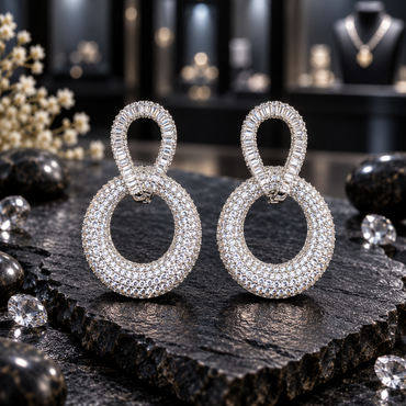 Pair of silver-tone earrings with clear baguette-shaped accents around elongated upper loops and broad round drops covered in small clear-looking accents.