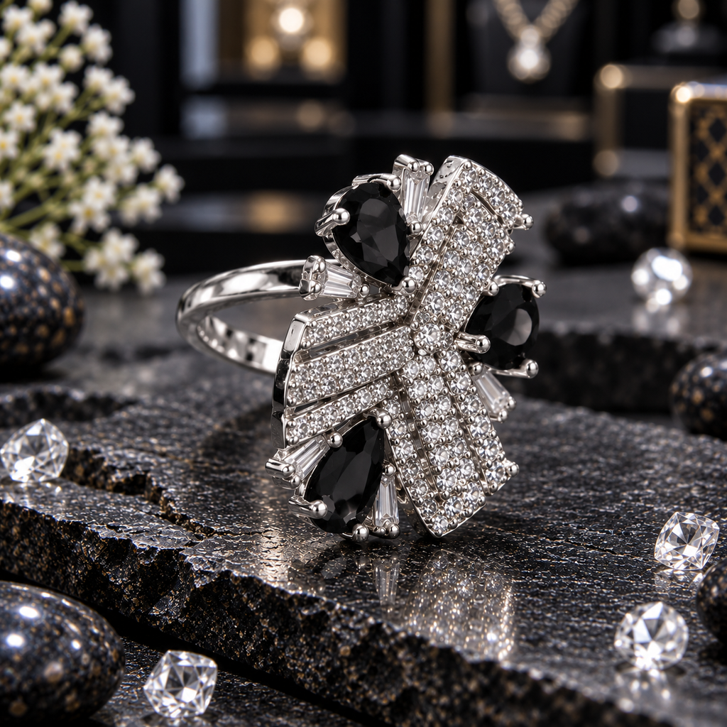 Silver-tone AD ring with three black teardrop-shaped accents, overlapping clear-accent ribbon fan panels and tapered clear details.