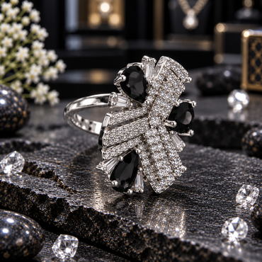 Silver-tone AD ring with three black teardrop-shaped accents, overlapping clear-accent ribbon fan panels and tapered clear details.