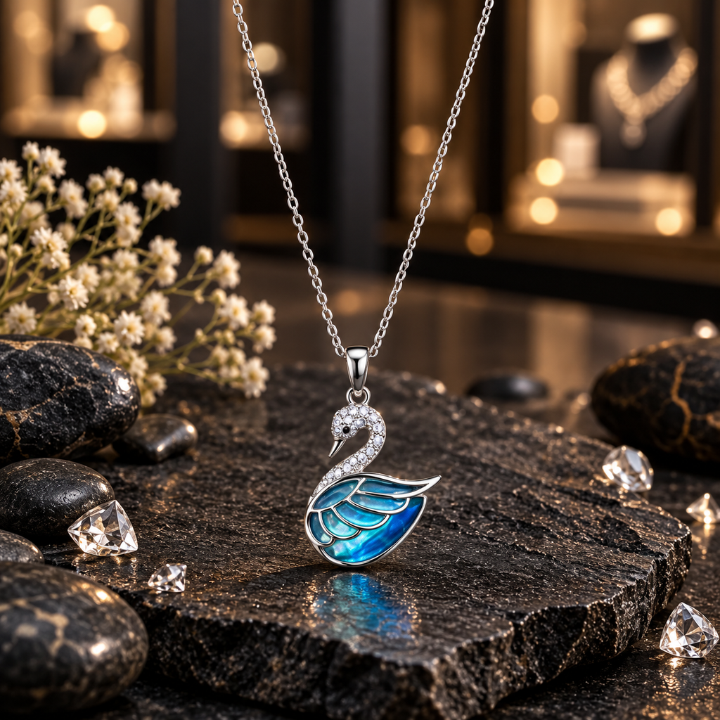 Silver-tone chain necklace with a blue and turquoise iridescent-look swan pendant, outlined wings and clear accents on the head and curved neck.