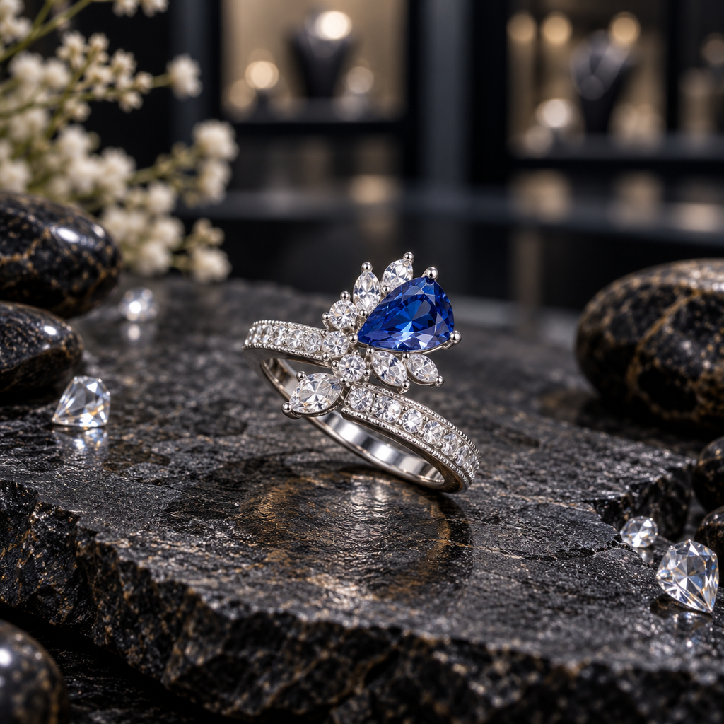 Silver-tone ring with a faceted blue teardrop centre accent, clear leaf-shaped and round accents, and a sparkling sweeping band.