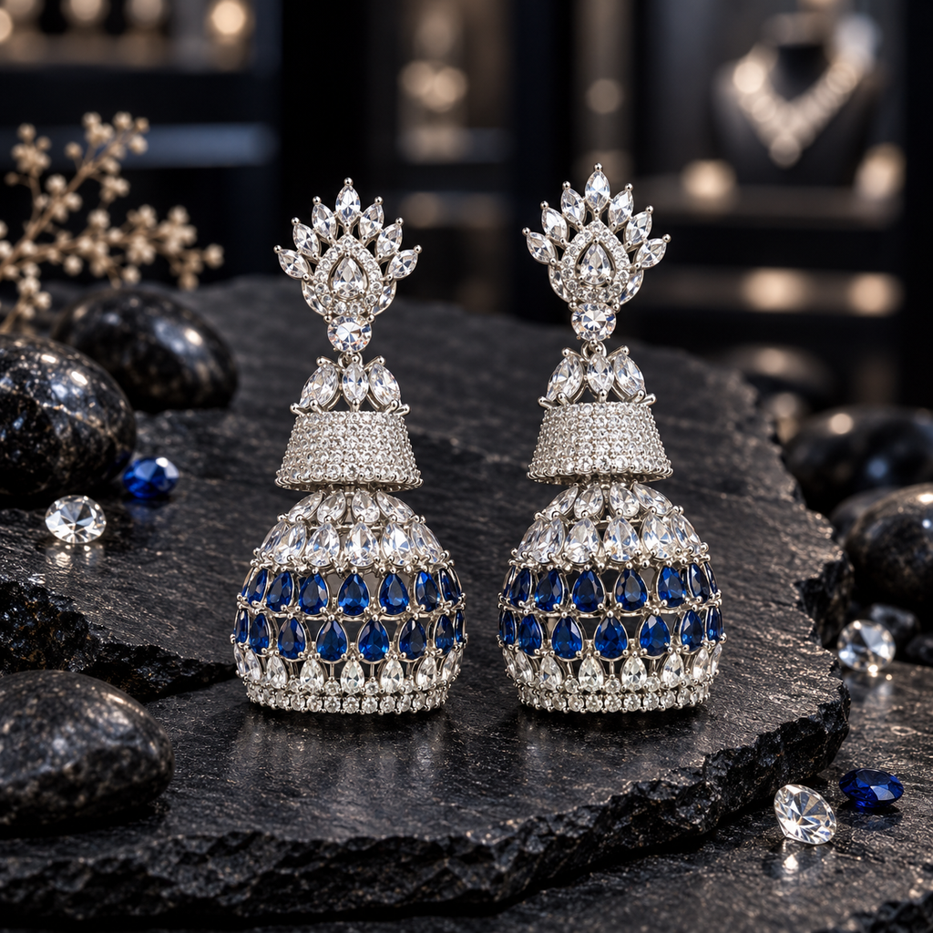 Pair of silver-tone tiered AD jhumka earrings with clear crown-like tops, sparkling upper bells and navy blue teardrop rows on the lower domes.