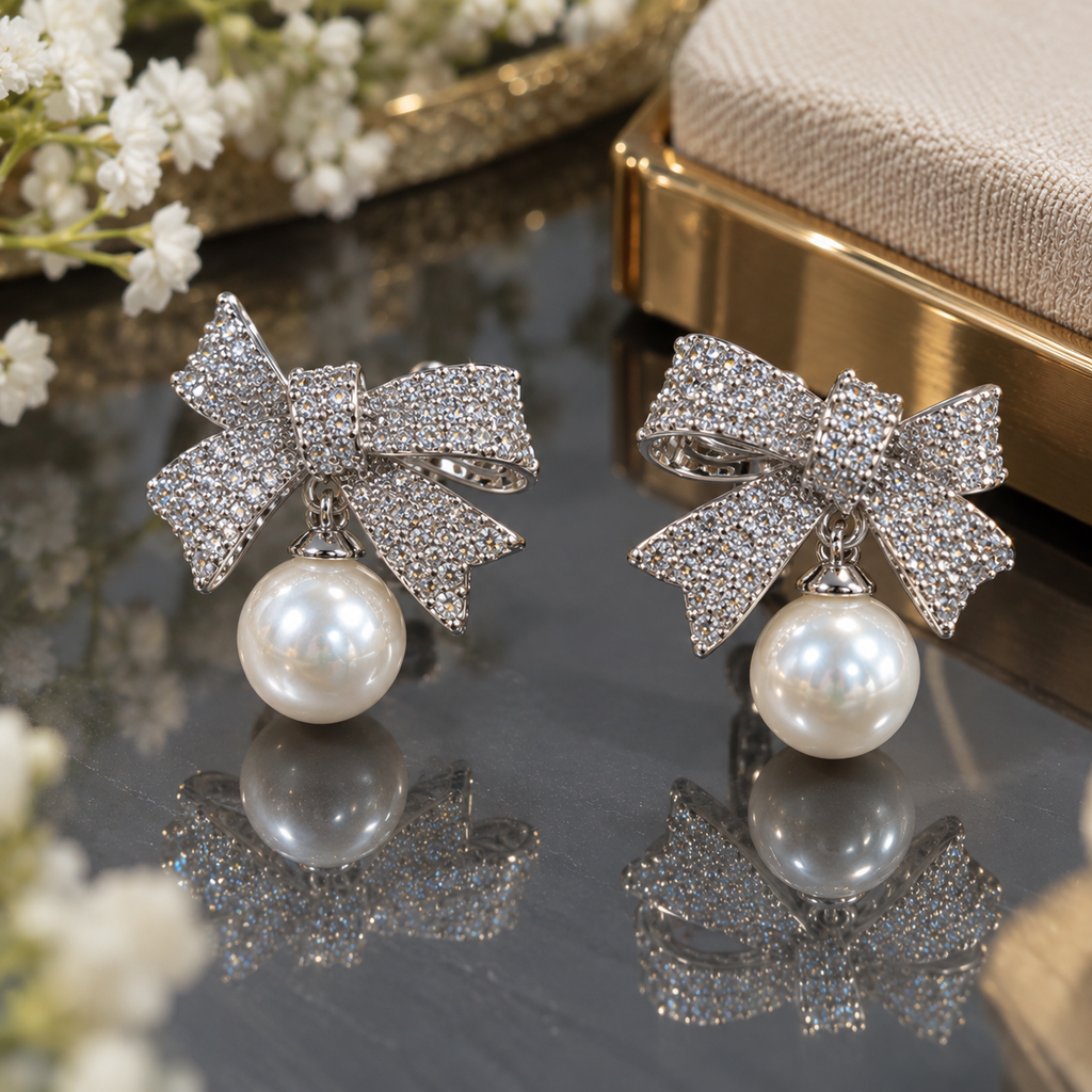 Silver-tone bow earrings with closely arranged clear accents, curved ribbon loops, notched tails and round ivory-white pearl-look drops.