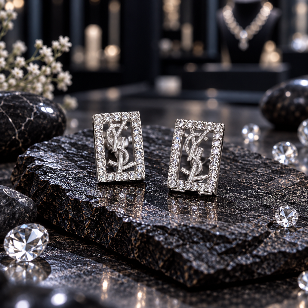 Pair of silver-tone upright rectangular earrings with clear-looking accent borders and intertwined letter-like openwork centres.