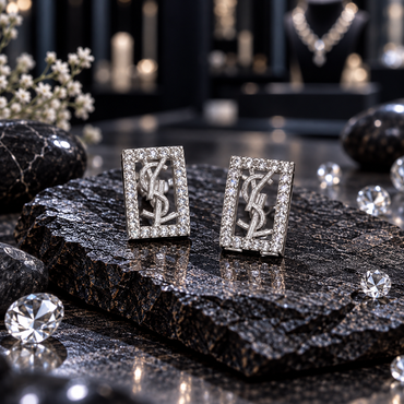 Pair of silver-tone upright rectangular earrings with clear-looking accent borders and intertwined letter-like openwork centres.