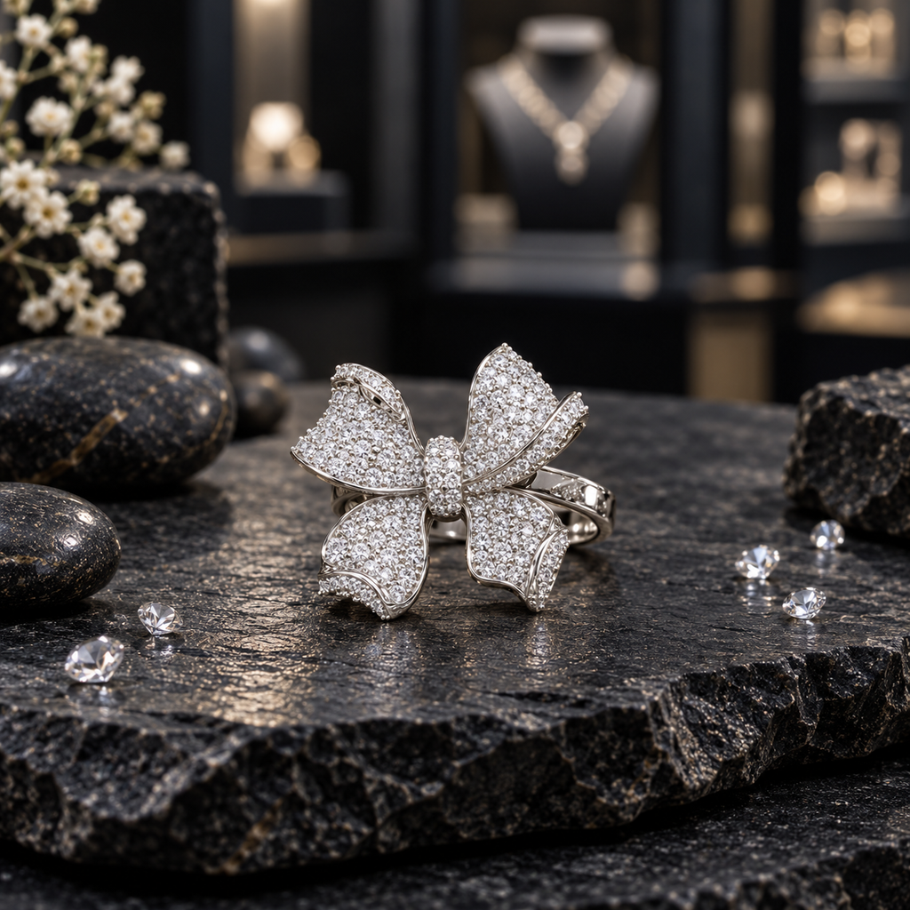 Silver-tone ring with a sculpted four-section ribbon bow, clear-looking accents, curling edges and a rounded central knot detail.