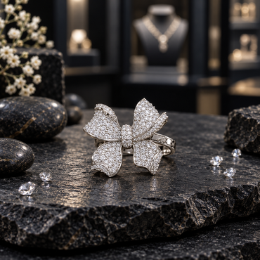 Silver-tone ring with a sculpted four-section ribbon bow, clear-looking accents, curling edges and a rounded central knot detail.