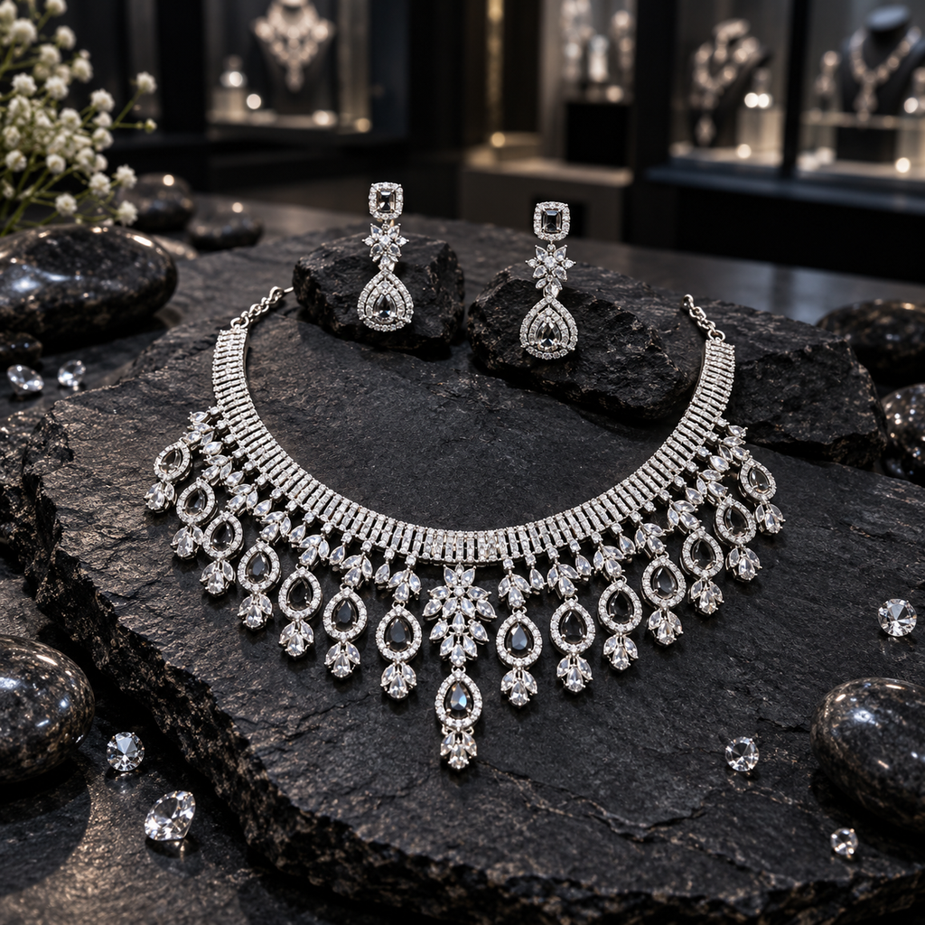 Silver-tone necklace with a narrow bar-style neckline, clear-looking leaf clusters and graduated teardrop fringe, alongside matching floral drop earrings.