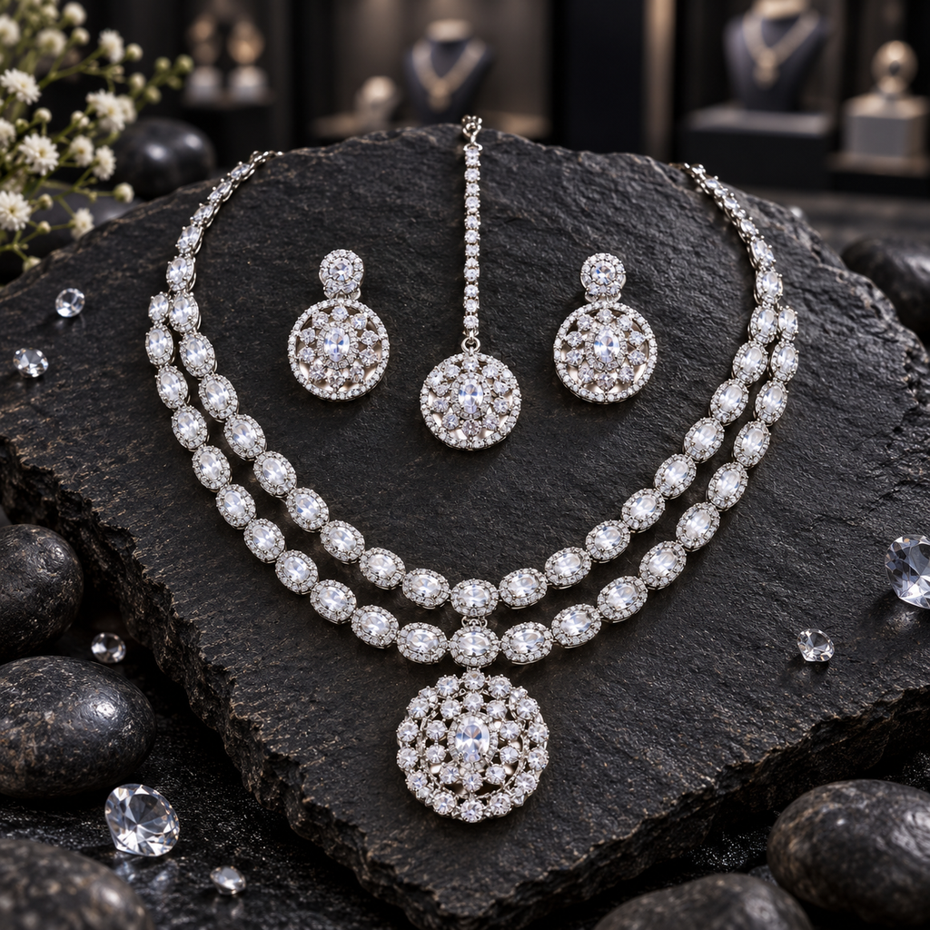 Silver-tone double-row oval halo necklace with a rounded openwork medallion pendant, matching medallion earrings and a single-strand bindia.