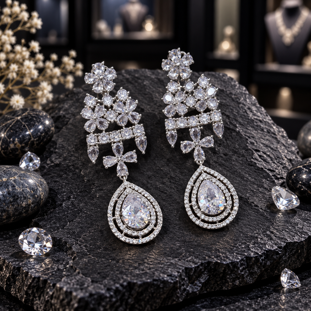 Pair of silver-tone chandelier earrings with clear floral clusters, horizontal accent rows, four-petal connectors and double-frame teardrop drops.