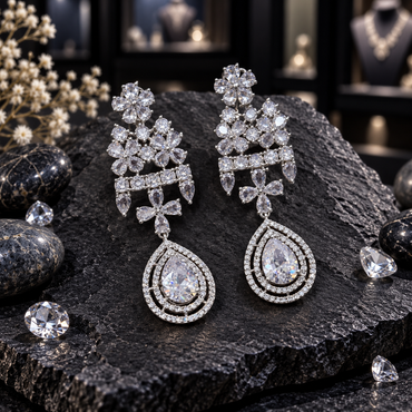 Pair of silver-tone chandelier earrings with clear floral clusters, horizontal accent rows, four-petal connectors and double-frame teardrop drops.