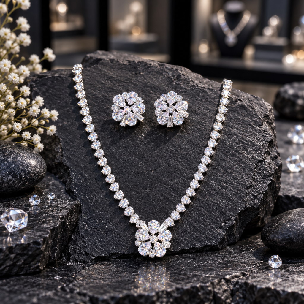 Silver-tone necklace with a row of clear teardrop-shaped accents, a floral centre with rectangular details, and matching flower-cluster earrings on dark slate.