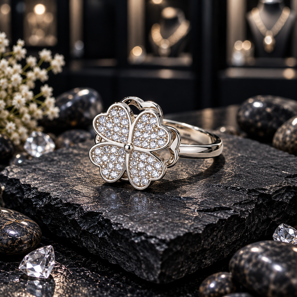 Silver-tone spinner ring with four clear-accent heart-shaped petals, a polished round centre, a layered openwork clover outline and a smooth band.