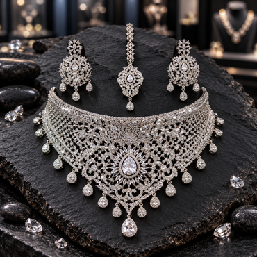 Silver-tone wide lattice choker-style necklace with floral scrollwork, a sunburst teardrop centre and hanging drops, with matching earrings and bindia.