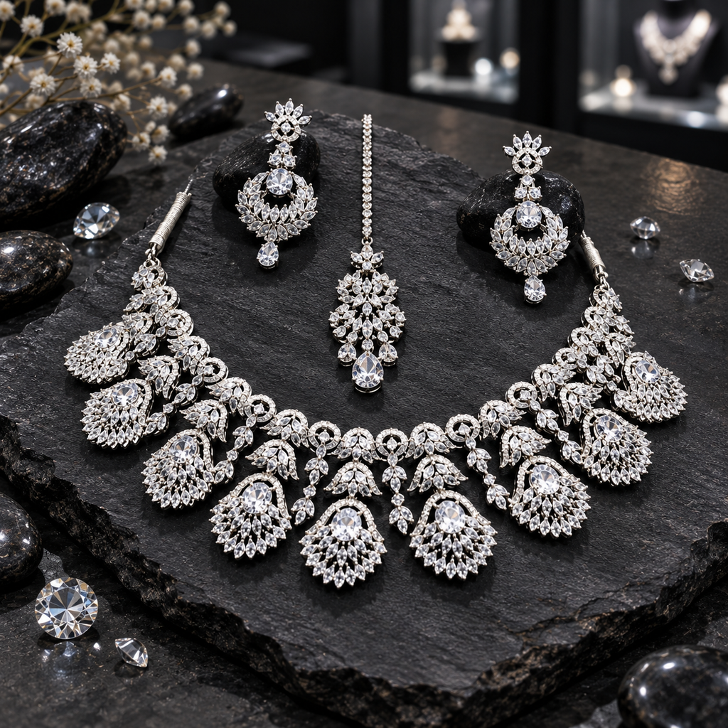 Silver-tone necklace with clear-looking teardrop-centred leaf fans and smaller leaf drops, matching open wreath earrings and an elongated floral bindia.