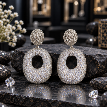 Silver-tone drop earrings with woven-look oval tops and broad clear-accent oval drops featuring open centres.