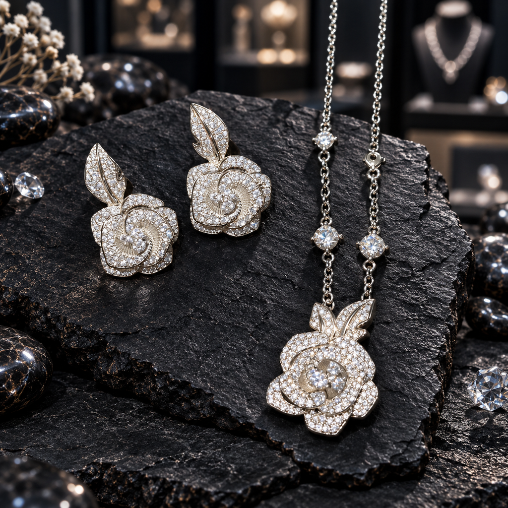 Silver-tone necklace and earrings set with clear-accent layered rose designs, leaf details and round clear accents spaced along the necklace chain.