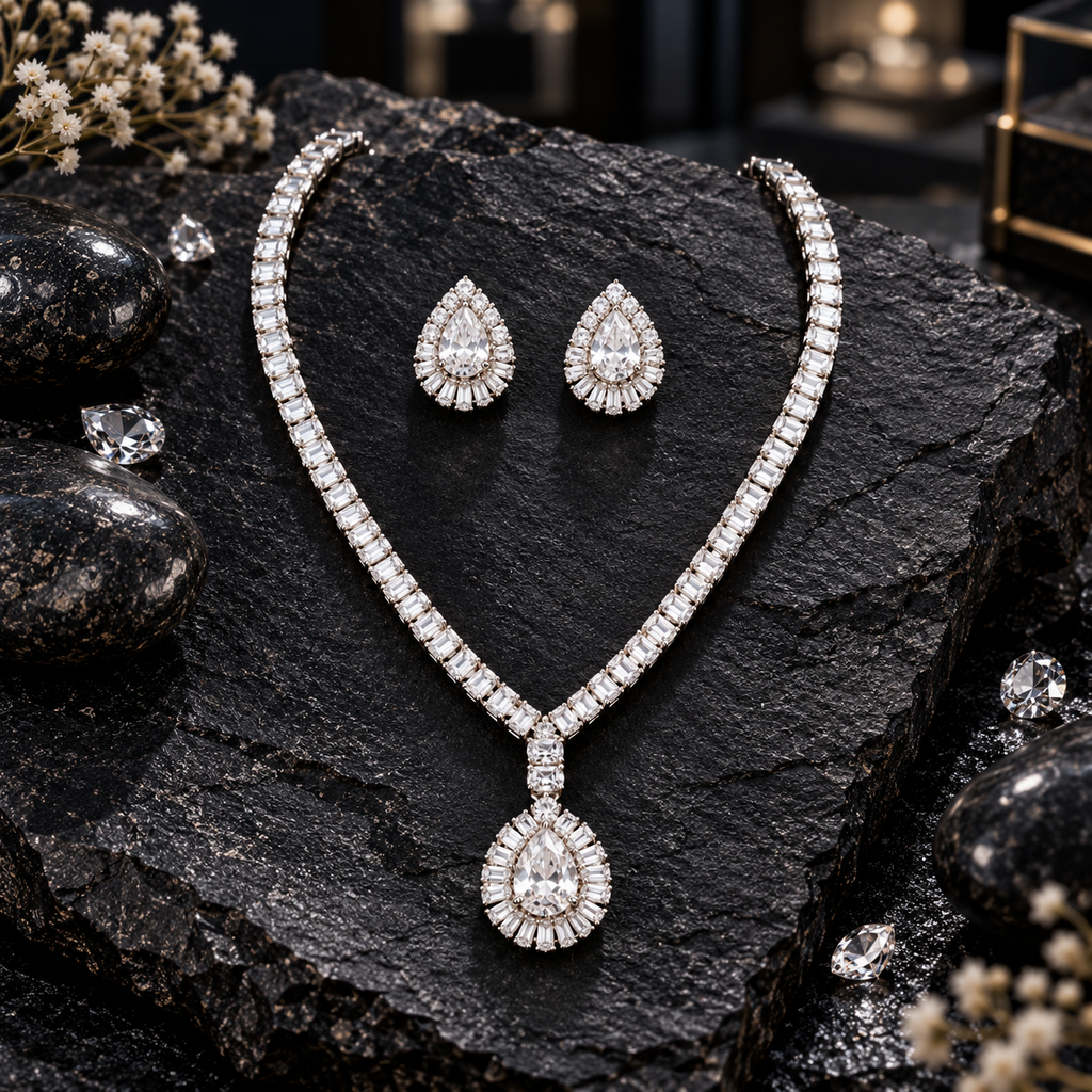 Silver-tone rectangular-accent necklace with a clear teardrop pendant and radiating halo, alongside matching clear teardrop earrings.