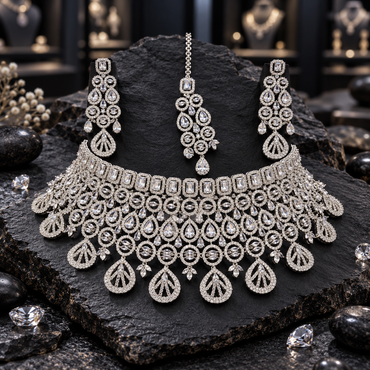 Silver-tone wide choker-style necklace with clear-looking rectangular and rounded halos, open teardrop fringe, matching elongated earrings and bindia.