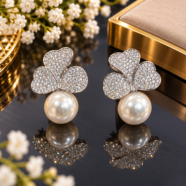 Silver-tone earrings with three clear-accent heart-shaped petals forming a clover motif and round ivory-white pearl-look details beneath.